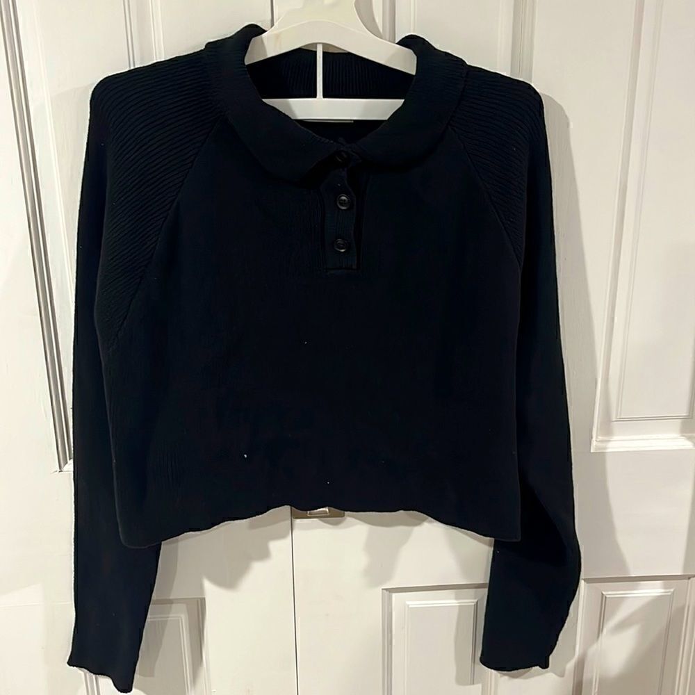Cropped Knit Collared Sweater - image 1